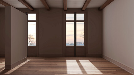 Obraz premium Dark late evening scene, empty room interior design, open space with parquet floor, beams ceiling and white walls, modern architecture concept idea