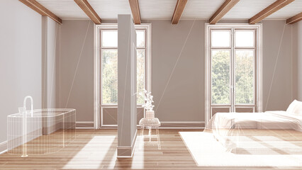 Empty white interior with parquet floor, custom architecture design project, white ink sketch, blueprint showing minimal bathroom and bedroom, japandi interior design