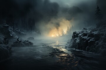 Naklejka premium person stands in the fog in the scary forest