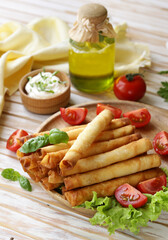 traditional appetizer borek with sauces on the table