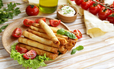 traditional appetizer borek with sauces on the table
