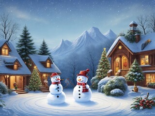 Obraz premium Christmas landscape with cute snowman ai generated