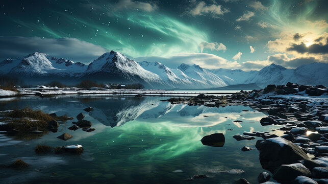 Big Snow Moutains Reflect on Frozon Lake Water Alps Foggy Aurora Background