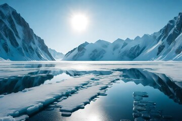 Generate a vision of an elegant, ice road crossing a serene, frozen lake, leading to an uncharted, polar wilderness - obrazy, fototapety, plakaty