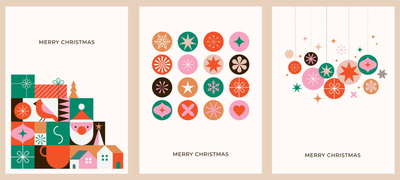 Christmas cards in modern minimalist geometric style. Colorful illustration in flat cartoon style. Xmas backgrounds with geometrical patterns, stars and abstract elements