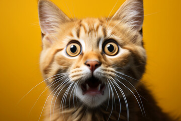 Surprised amazed red cat pet with curious face with open mouth at on yellow background. Close-up website card banner for news concept. Advertising postcards, notebooks.