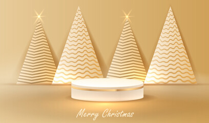 Christmas card with paper pattern trees and podium in gold design. Xmas area to display gift sale product. Happy New Year concept.