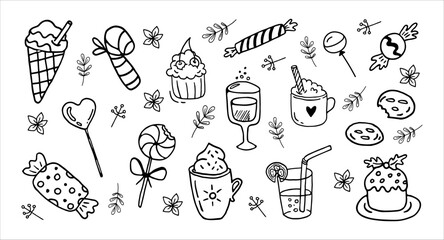 Hand-drawn vector holiday doodle illustration set. Isolated on white background, perfect for prints, posters, festive stationery, and holiday design. High-quality illustrations