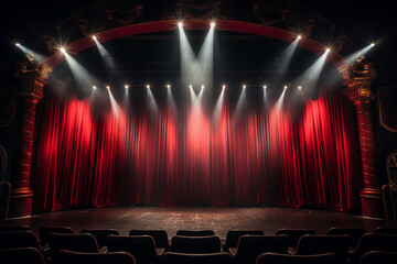 Spotlight on a Majestic Theater Stage with Opening Red Curtains - obrazy, fototapety, plakaty
