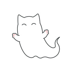 Set of cute ghost cats. Collection of cute flying kittens spirit. Halloween pets. Boo. Cartoon spooky baby character. Vector illustration for greeting card.