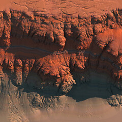 Landscape with canyon on a mars surface. 3D illustration. © xyman