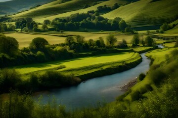 A serene rural setting with a flowing river and hills is seen.
