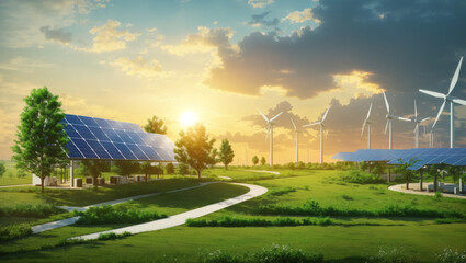 Clean energy with wind turbines and solar panels at sunset. Renewable energy concept. ai generative