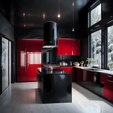 modern kitchen interior with kitchen, a luxurious black and red kitchen. made by AI