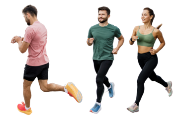 People sports athletes running runners friends together workout in sports form cardio exercises active lifestyle.   Transparent isolated background.