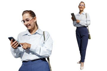 Secretary specialist student office employee communicates in a chatbot. A woman with glasses business clothes smart uses a tablet online work.   Transparent isolated background.