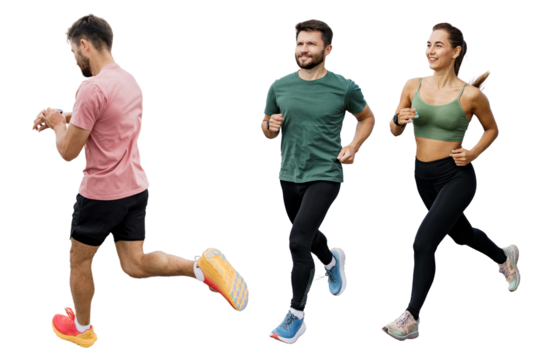 People sports athletes running runners friends together workout in sports form cardio exercises active lifestyle.   Transparent isolated background.