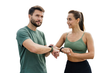 People woman and man sports athletes use fitness watch and running app, runners friends together...