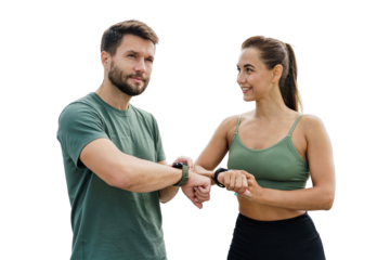 People woman and man sports athletes use fitness watch and running app, runners friends together workout in sports form cardio exercises active lifestyle.   Transparent isolated background.