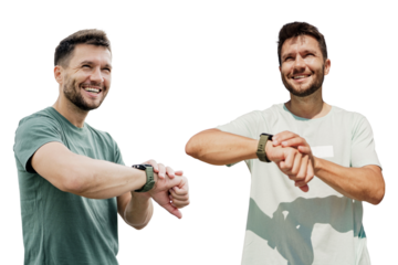 Men sports athletes use fitness watch and running app, runners friends together workout in sports form cardio exercises active lifestyle.   Transparent isolated background.