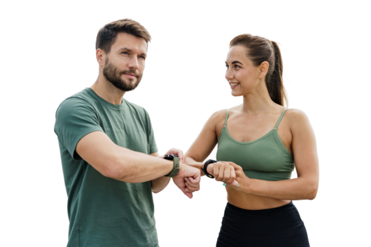 People woman and man sports athletes use fitness watch and running app, runners friends together workout in sports form cardio exercises active lifestyle.   Transparent isolated background.