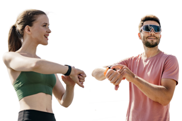 A woman and a man sports athletes use a fitness watch and a running app, runners are friends together training in sports form cardio exercises active lifestyle.   Transparent isolated background.
