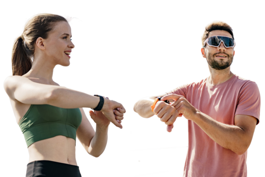 A woman and a man sports athletes use a fitness watch and a running app, runners are friends together training in sports form cardio exercises active lifestyle.   Transparent isolated background.