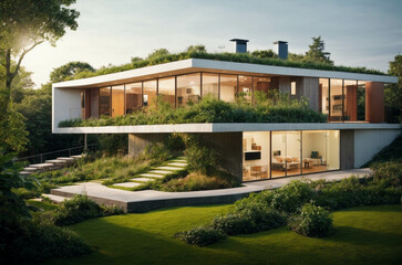 modern Ecological Glass house: Sustainable Building with Trees and Green Environment, sustainable living concept

