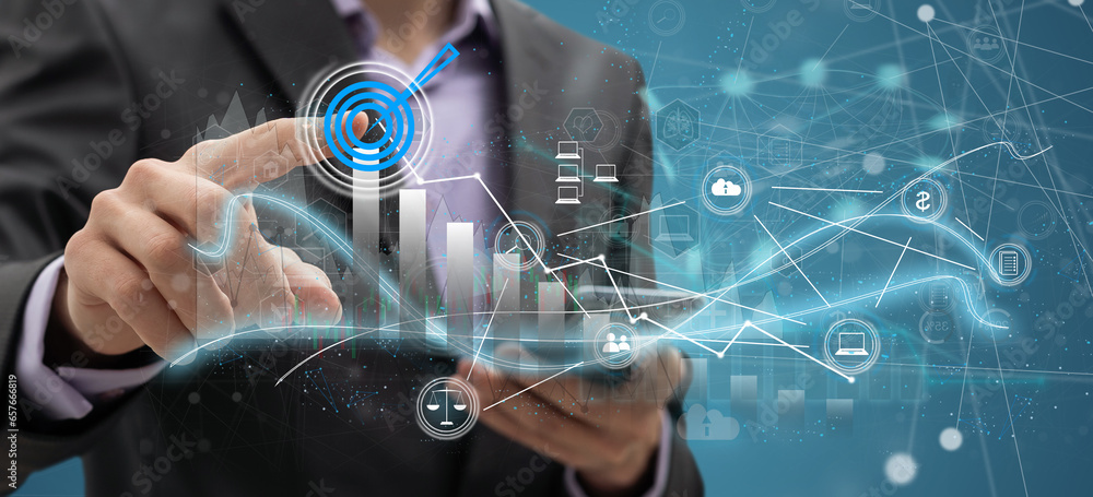 Poster close view of businessman working with virtual panel interface