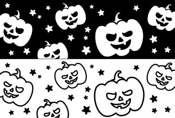 ハロウィンのカボチャの白黒の帯状の背景素材　線画
