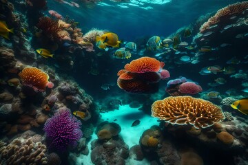 A coral reef under the sea that is vibrant and has surreal colors.