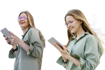 A woman with glasses smart uses a tablet online work. Financier student office employee communicates in a chatbot.  Transparent isolated background.