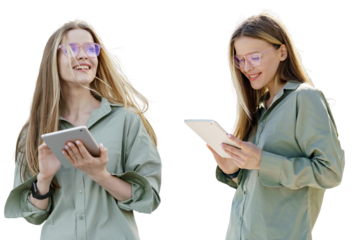 A young woman with glasses smart uses a tablet online work. The manager is an office employee communicating in a chatbot.  Transparent isolated background.