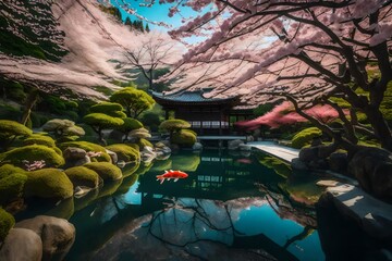 A serene Japanese garden with cherry blossom trees and a koi pond.