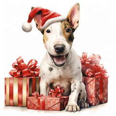 Bull Terrier puppy Wearing a Santa hat, with gift boxes - obrazy, fototapety, plakaty