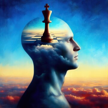 Male Human Profile With Single Chess Piece Chessboard And Clouds Inside His Head, Strategy And Intelligence Themed Artwork In Surreal Oil Painting Style.