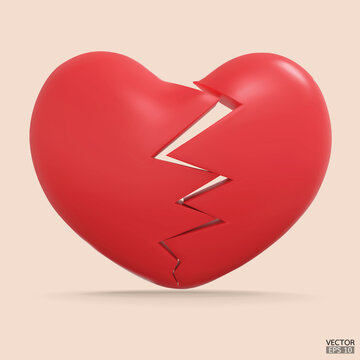3D front views Red broken heart isolated in background. Red heartbreak. Relationship breakup problem, Disappointed in love concept. 3D vector illustration.