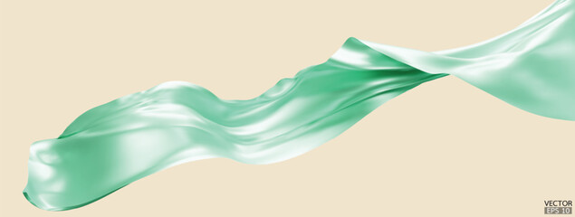 Flying green silk textile fabric flag background. Smooth elegant green Satin Isolated on beige Background for grand opening ceremony. Green curtain.