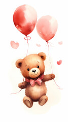 Hand drawn cartoon illustration of cute bear holding red balloon
