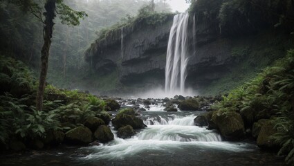 Naklejka premium Rainy landscape of a waterfall in a misty valley. River with rocks and rapids in a forest, cold and cloudy weather