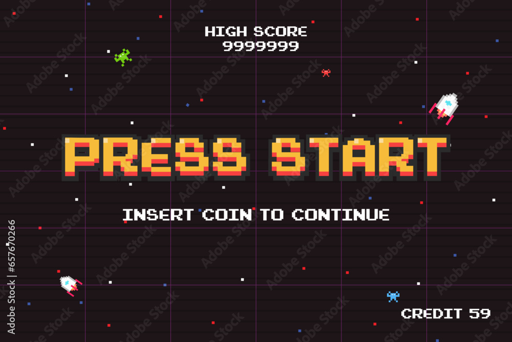 Aufkleber press start insert a coin to continue .pixel art .arcade screen.8 bit game.retro game. for game asse