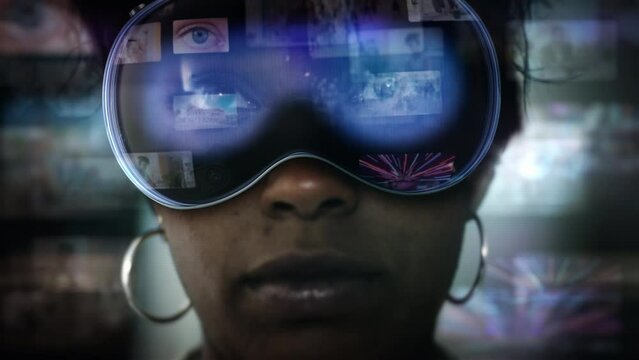 Young Female African American Using VR Headset to Check Social Media Videos. Augmented Reality. Several Videos Appearing. Futuristic Virtual Reality. All Content included in my portfolio.