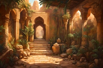 Generate a picture of an ornate, ancient road leading through a grand, exotic palace entrance into a wild, unexplored desert oasis  - obrazy, fototapety, plakaty