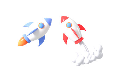 Cartoon rocket launching scene on the white background, 3d rendering.