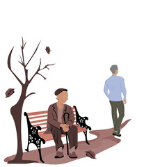 Back view of a man walking leaving one elderly man sitting lonely on brown bench under a tree whose leaves were falling.Vector illustration flat design of society of elderly people who are left alone.