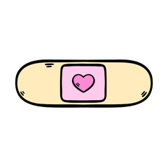 Band aid with heart. Beige plaster decorated with a heart. Valentine's Day. Hand drawn vector illustration.