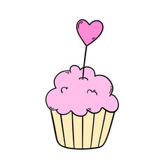 Cupcake for Valentine's Day. Cupcake with a heart. Pastry. Vector illustration hand drawn.