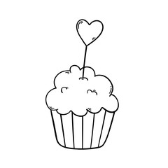 Cupcake vector icon for Valentine's Day. Cupcake decorated with a heart. Sweet pastries. Illustration in doodle style.