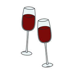 Glasses with wine. Glass goblets for a romantic dinner. Abstract hand drawn illustration.