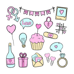 Set of elements for Valentine's Day. Festive flags, postcard, cake, castle, bottle of champagne, tic-tac-toe, patch, ring, gift. Cute elements in doodle style. Vector illustration.